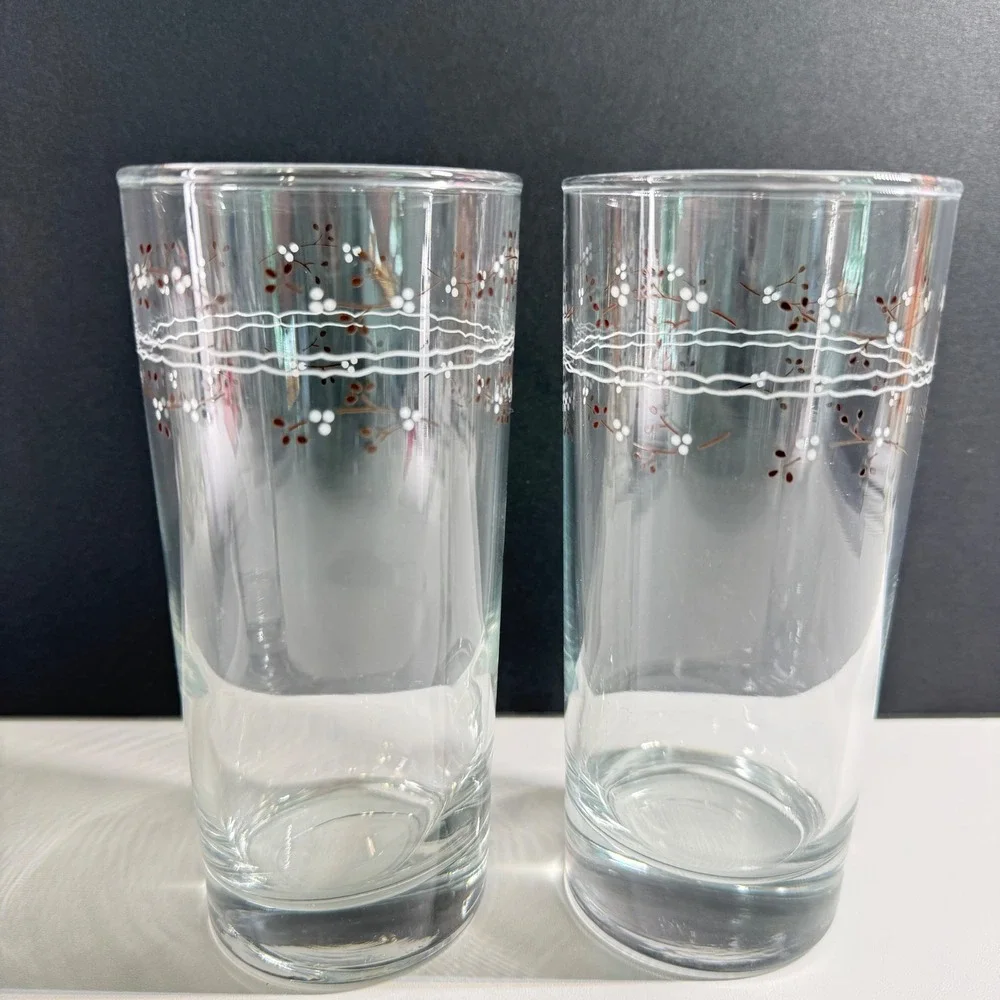 2 Vintage Floral Berry Highball Juice Glasses Set Clear Botanical Tumblers 6.25